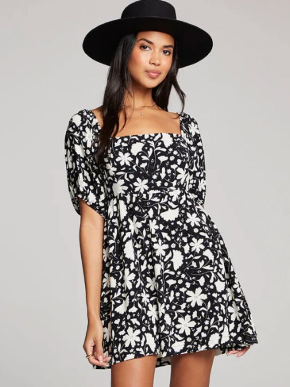 Saltwater Luxe NWT Lyra Mini Dress Black Floral Fit & Flare Square Neck